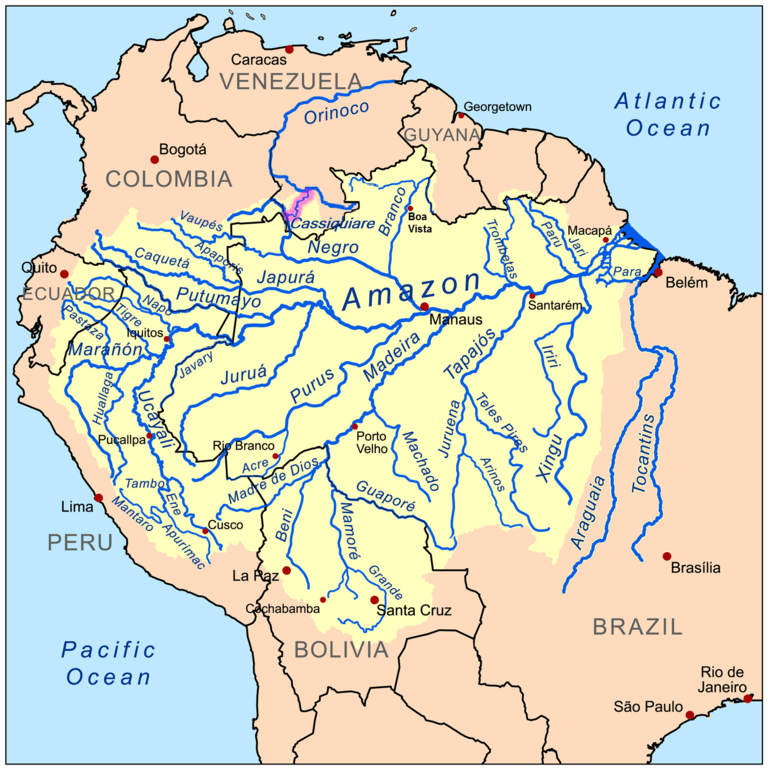 Map of the Amazon River drainage basin with the Casiquiare River highlighted.