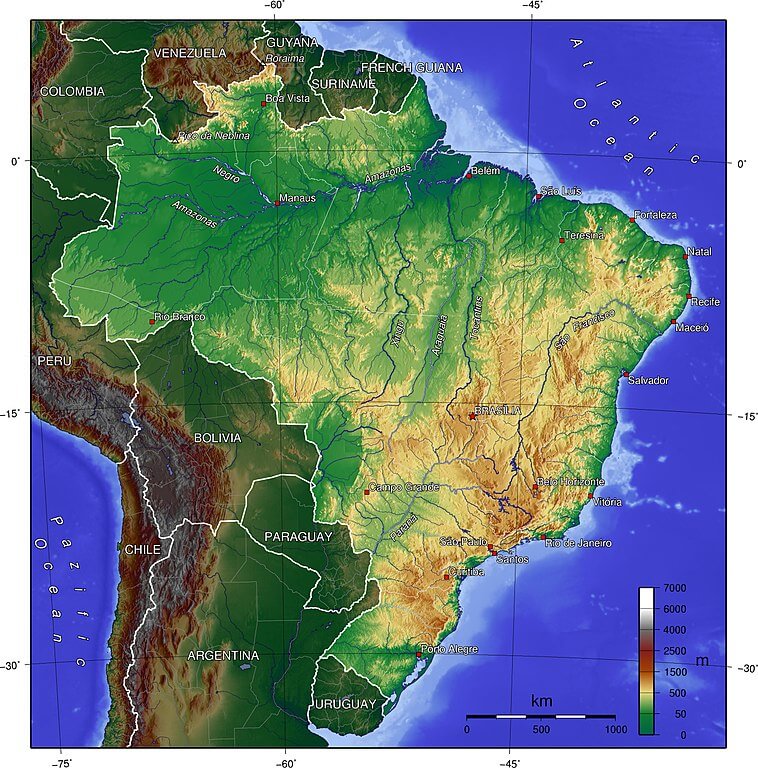 Topographical map of Brazil. The Brazilian Highlands/Plateau is the large yellowish and brown area in the east, south and center of the country.