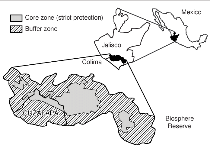 Location and zoning of the Sierra de Manantlán Biosphere Reserve