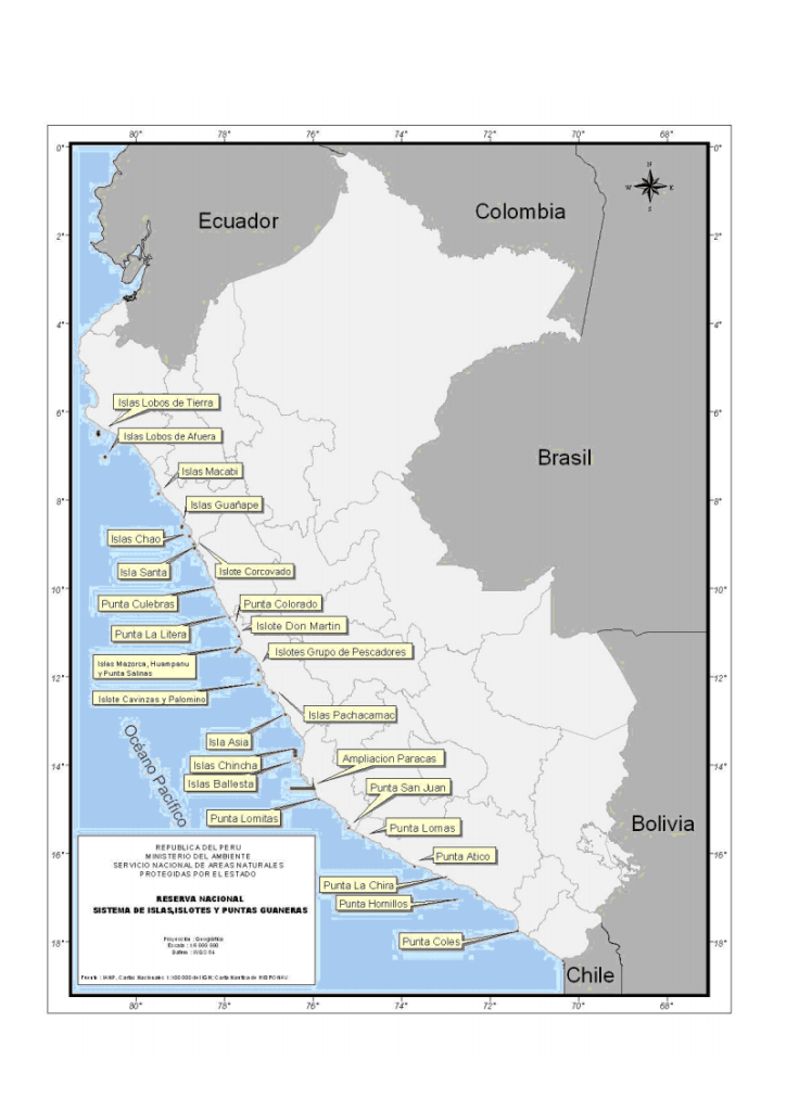Map depicting theGuano Islands and Capes National Reserve System in Peru