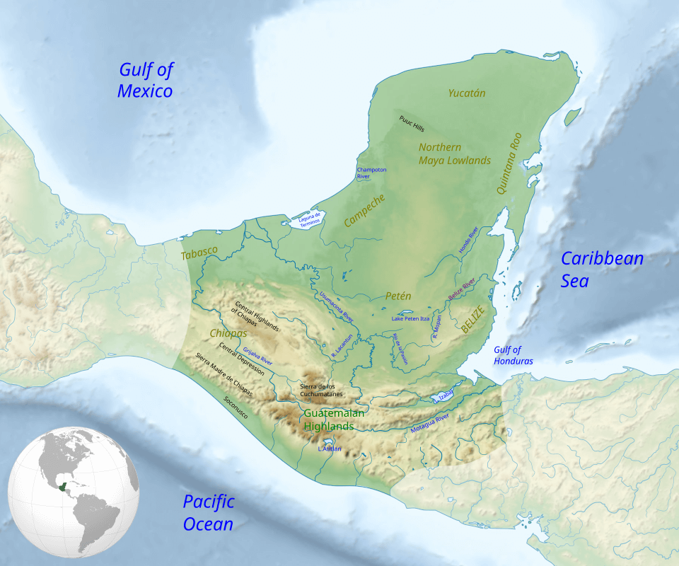 ap of the Maya region, with major rivers, mountain ranges and regions.