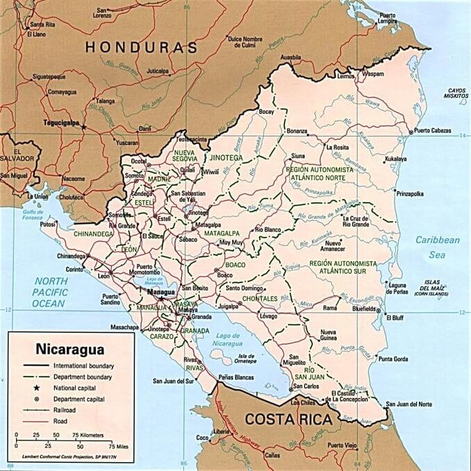 Political map of Nicaragua.
