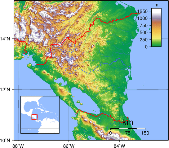 Topographic map of Nicaragua.