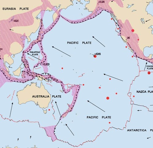 Map depicting the Pacific Plate boundaries and relative motion.