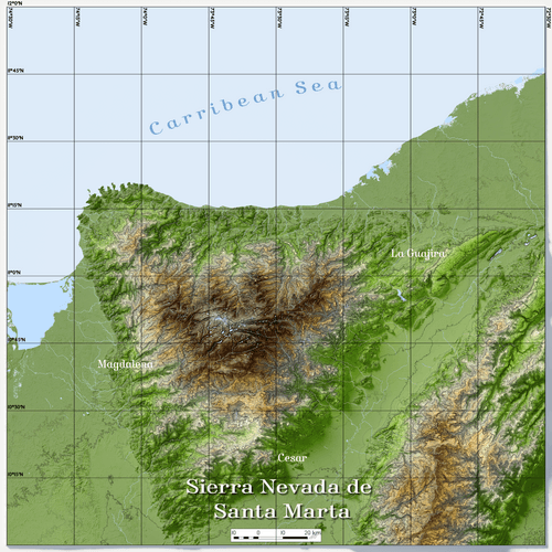Topographic map of the Sierra Nevada de Santa Marta