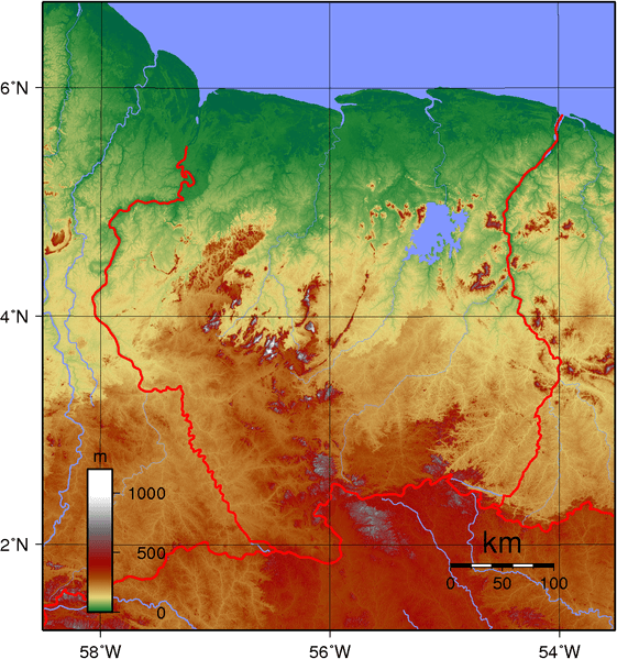 Topographical map of Suriname.