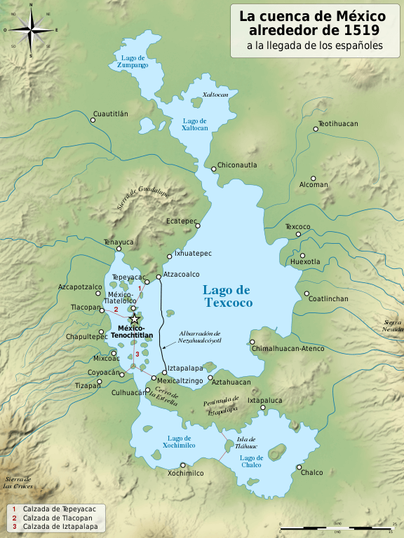 Map of the basin of Mexico circa 1519, at the arrival of the Spanish