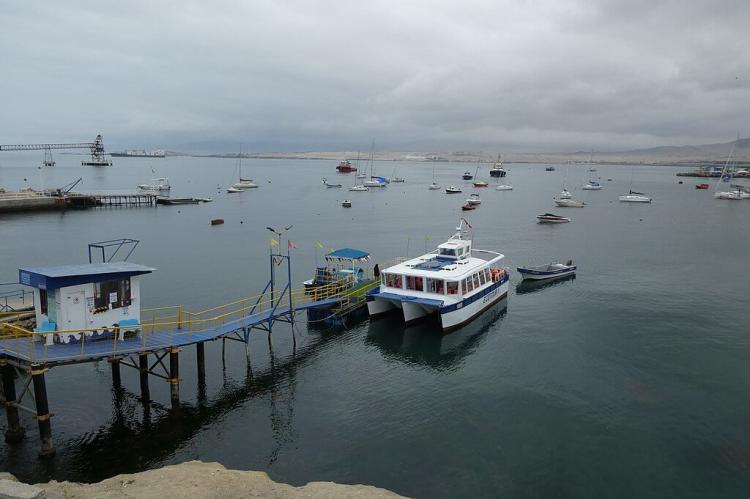 Tourist trimaran in Caldera Bay, Atacama Region, Chile