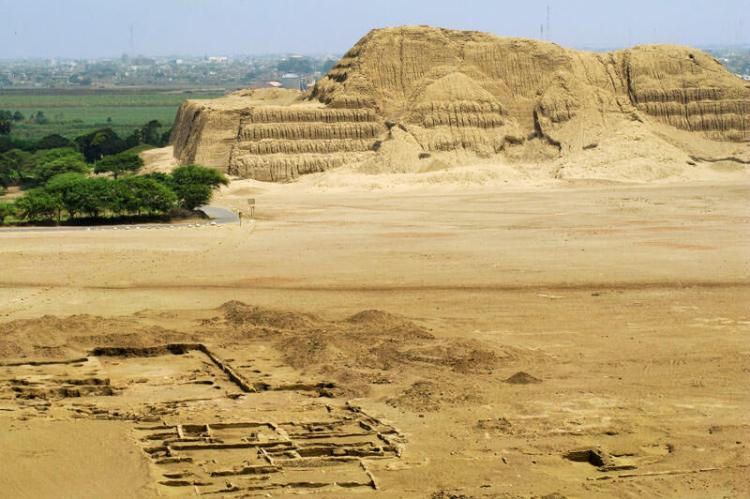 The remains of the Huaca del Sol pyramid at Moche, Peru.