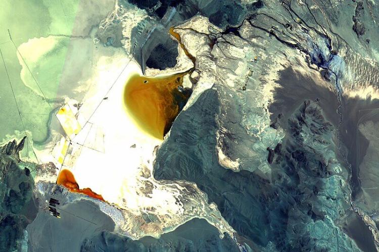 Satellite view of lithium mining in the Salar del Hombre Muerto, Argentina