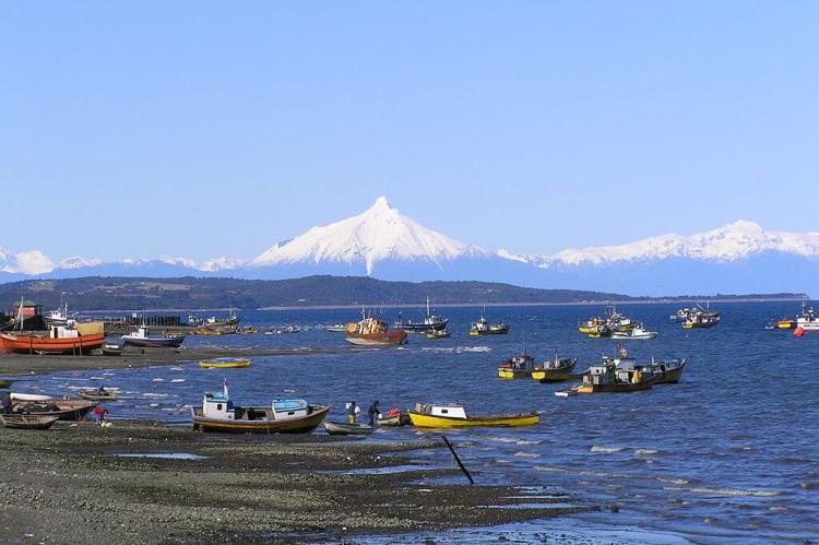 Quellon's Coastline with Volcano Corcovado in the distance 
