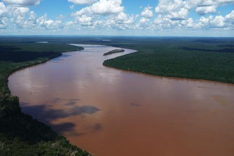 Aerial view of the Iguazu River directly above the Iguazu Falls, Argentina and Brazil